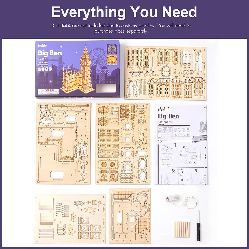 Rolife Big Ben 3D Wooden Puzzle – DIY London Architecture Model Kit (220 Pieces) Creative Gift & Home Decor