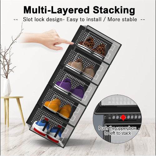 12-Pack Stackable Sneaker Storage Boxes – Clear Front Shoe Organizer Display Case (Black/White)