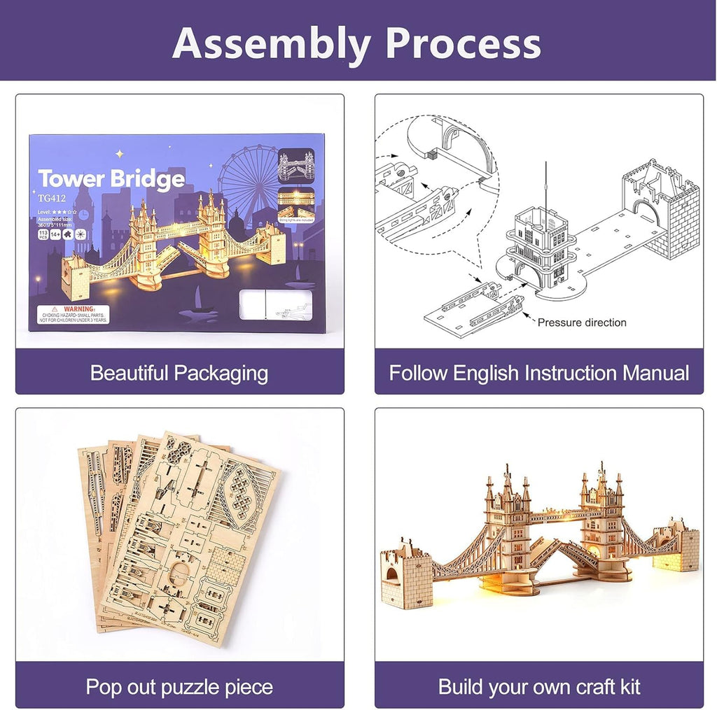 3D Wooden Puzzle Tower Bridge Model Kit – DIY Building Set with LED Light (Creative Gift Idea)