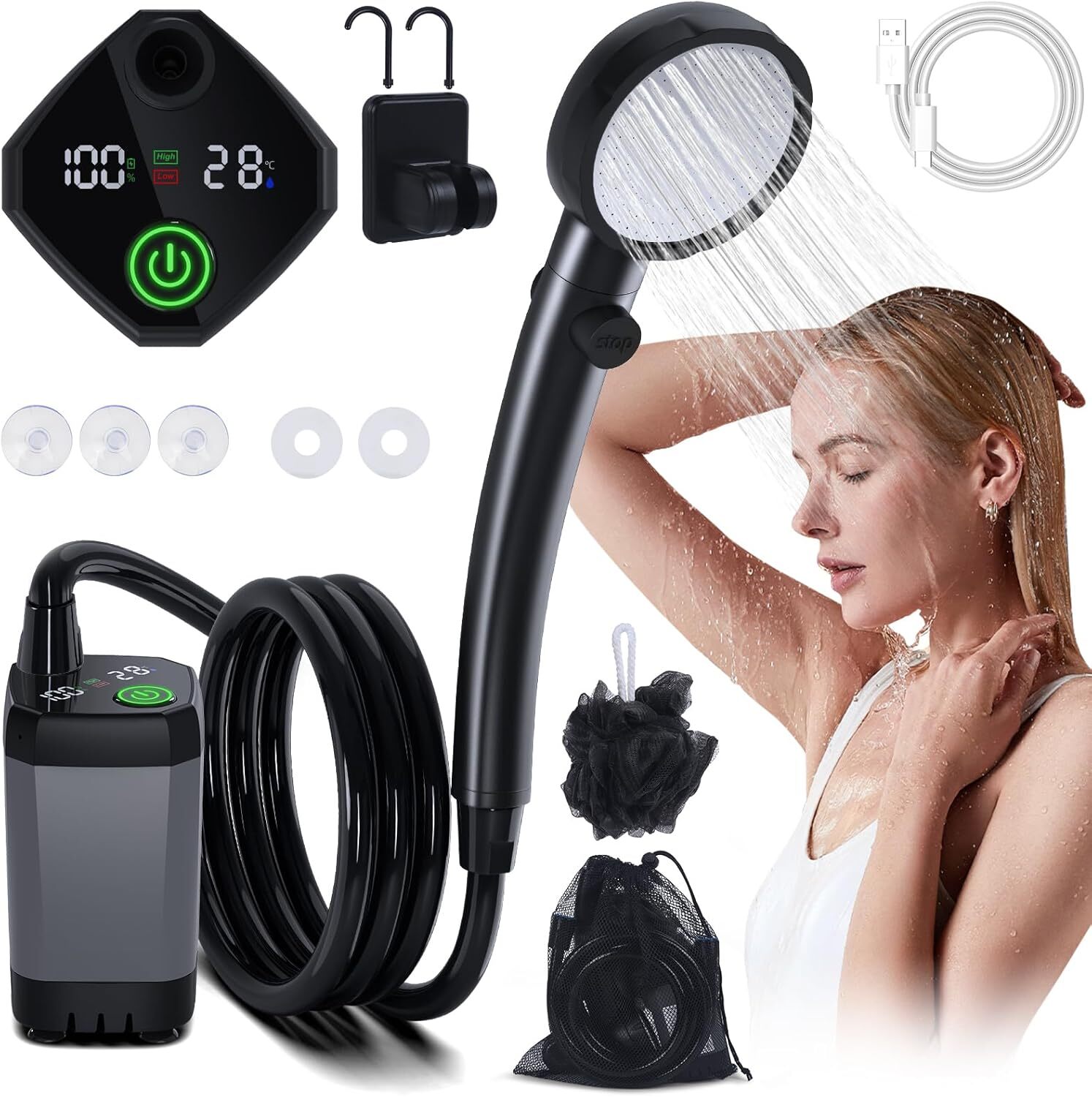 Portable Rechargeable Shower Pump – Outdoor Camping, Car Wash & Pet Cleaning Shower Kit (USB Powered)