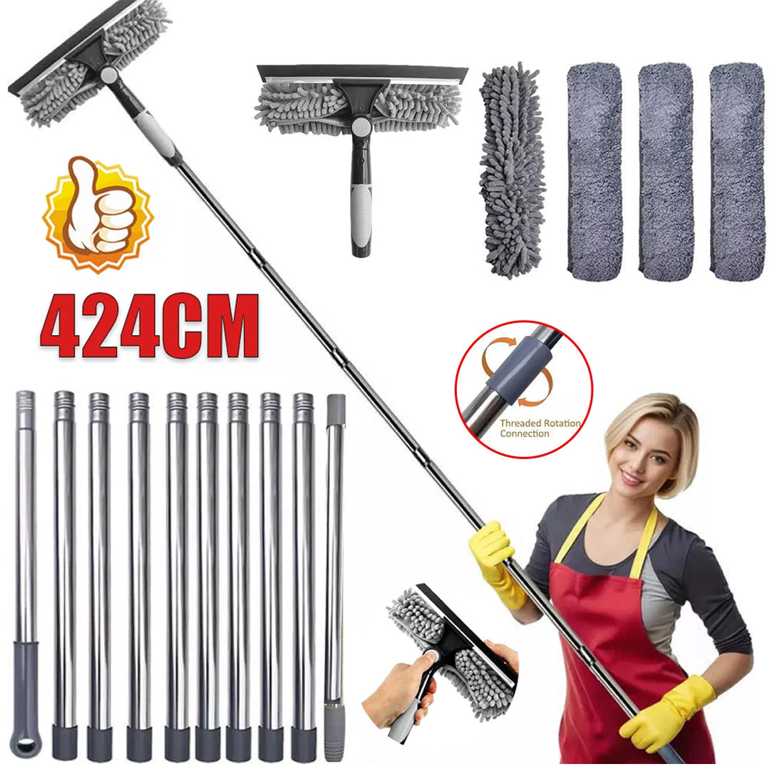 No-Ladder Window Cleaning Tool – 4.5m Telescopic Extendable Squeegee for High Windows
