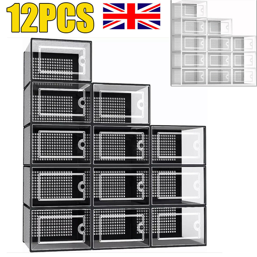 12-Pack Stackable Sneaker Storage Boxes – Clear Front Shoe Organizer Display Case (Black/White)