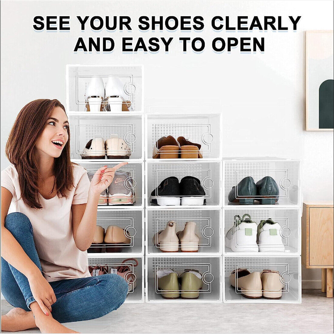 12-Pack Stackable Sneaker Storage Boxes – Clear Front Shoe Organizer Display Case (Black/White)
