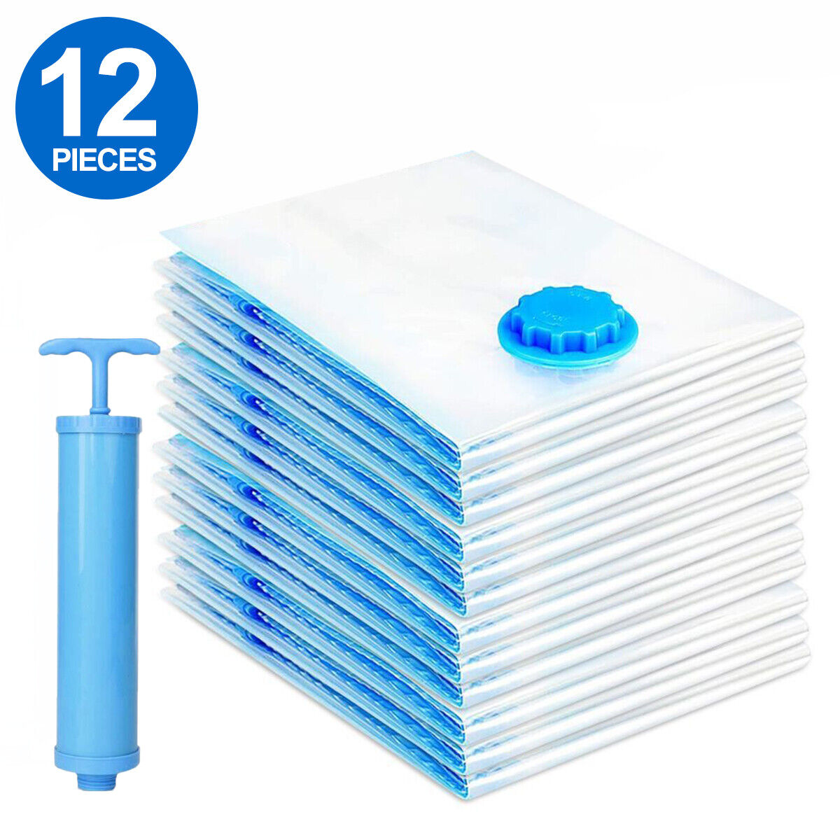 12-Pack Vacuum Storage Bags with Pump – Space Saving Compression Bags for Clothes, Bedding & Travel