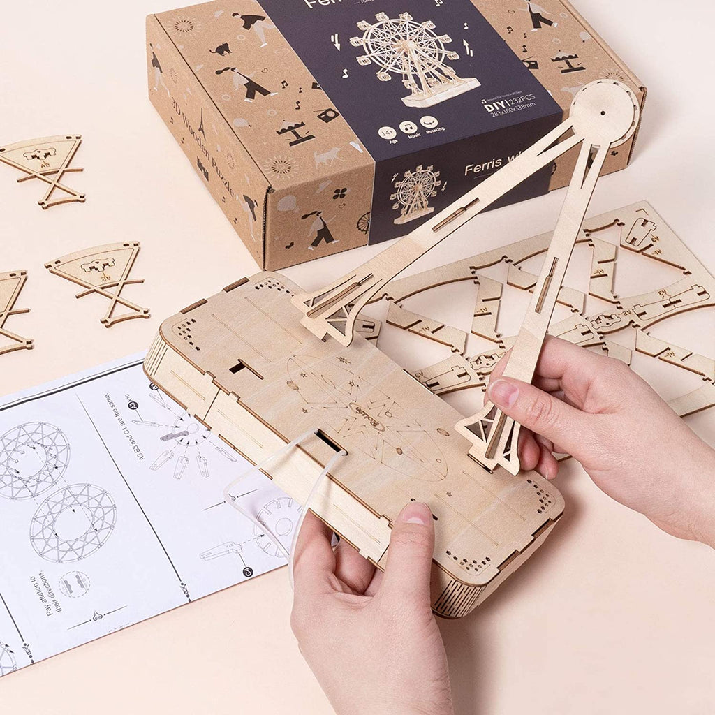 DIY Wooden Ferris Wheel Music Box – Rotating 3D Puzzle Kit | Relaxing Craft Gift & Home Decor