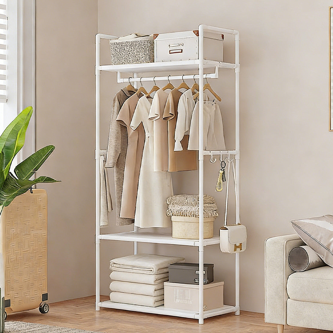 “Space-Saving Clothes Rack with Shelves | Modern Wardrobe Organizer for Small Rooms”