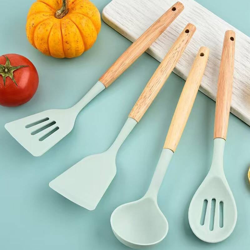 12-Piece Silicone Kitchen Utensil Set with Wooden Handles