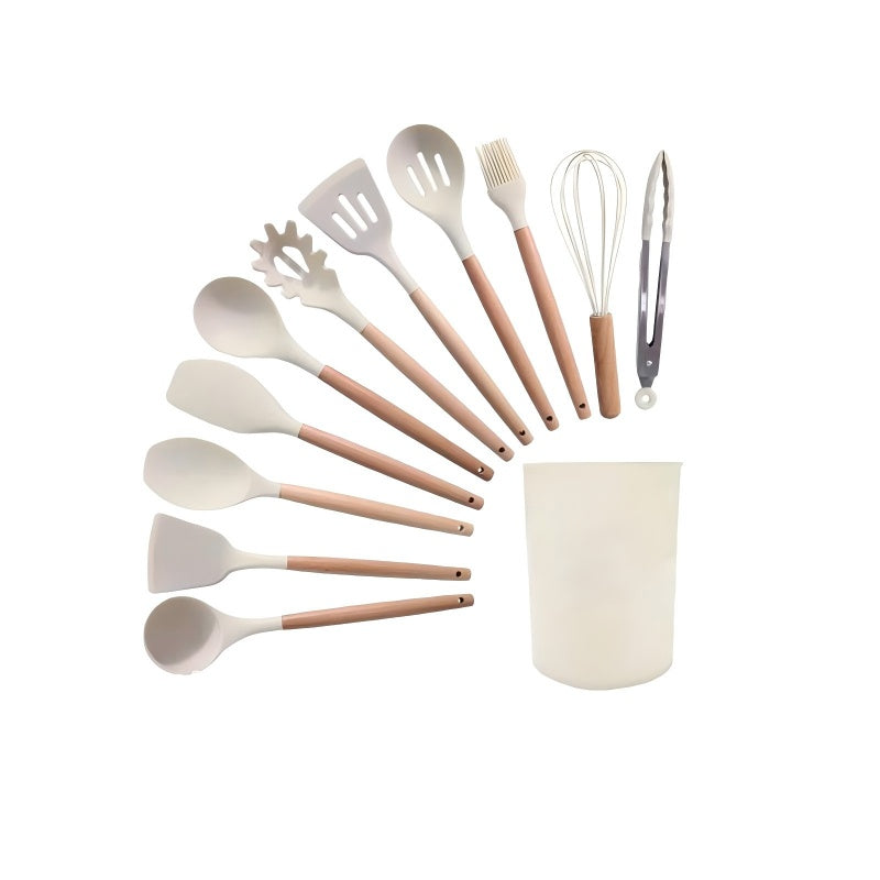 12-Piece Silicone Kitchen Utensil Set with Wooden Handles