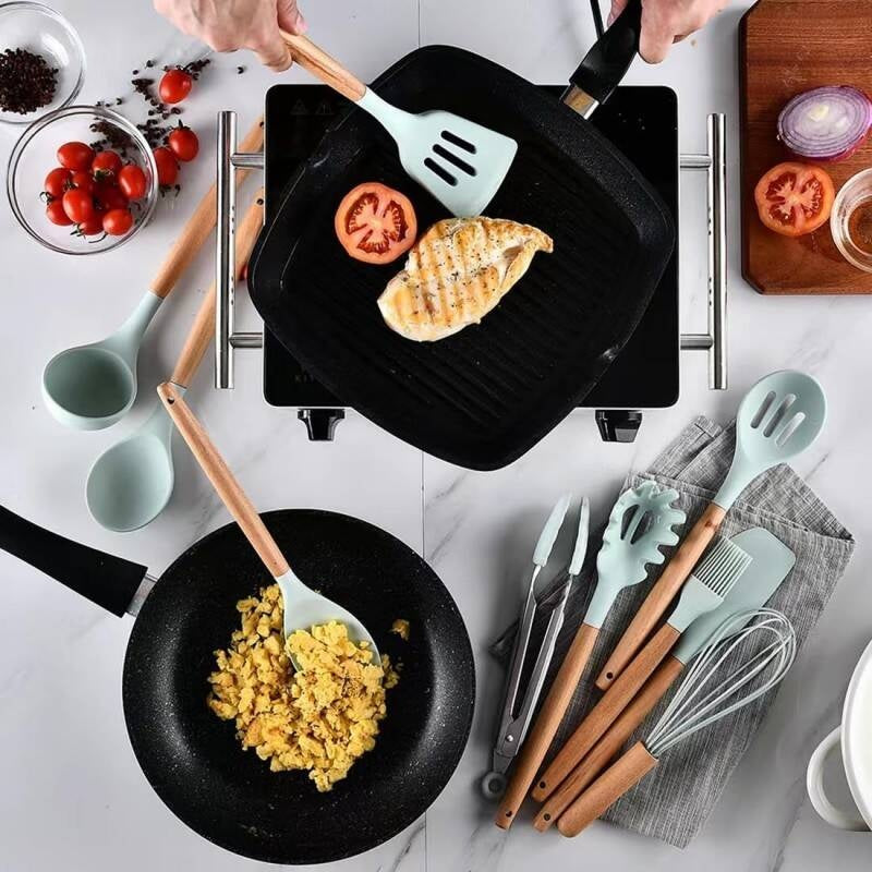 12-Piece Silicone Kitchen Utensil Set with Wooden Handles