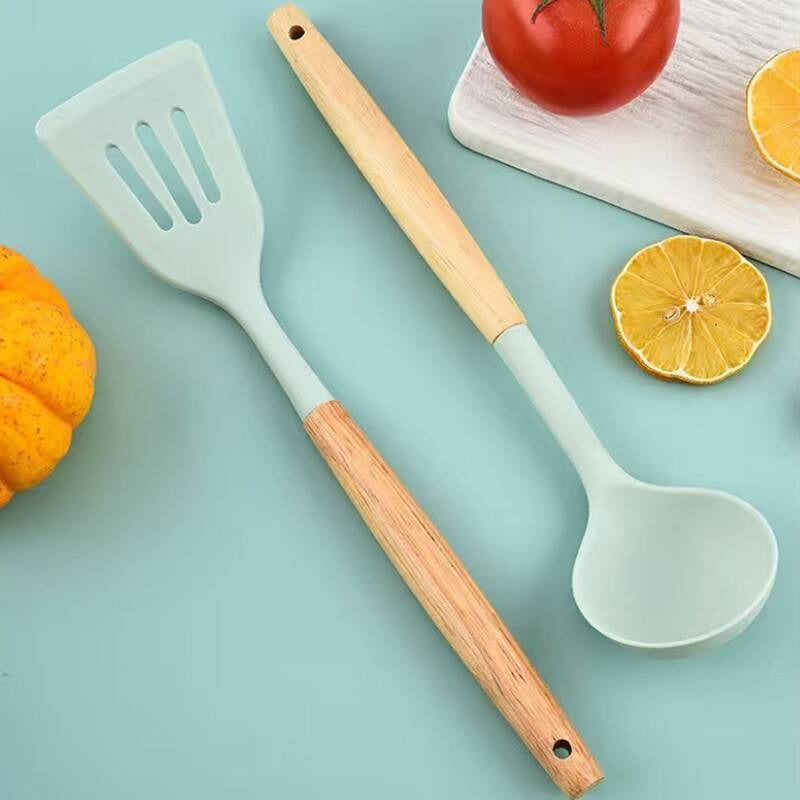 12-Piece Silicone Kitchen Utensil Set with Wooden Handles