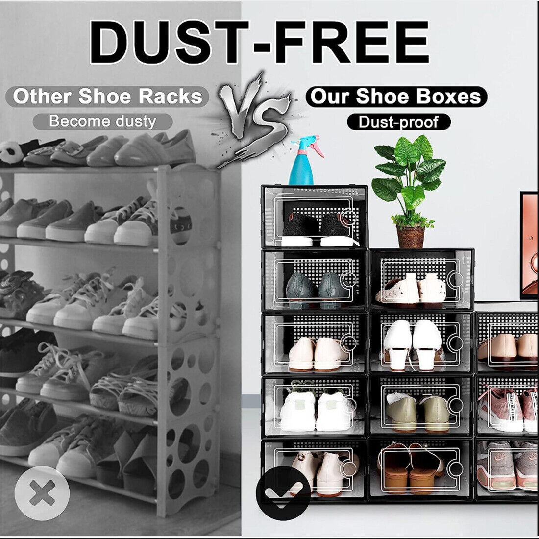 12-Pack Stackable Sneaker Storage Boxes – Clear Front Shoe Organizer Display Case (Black/White)