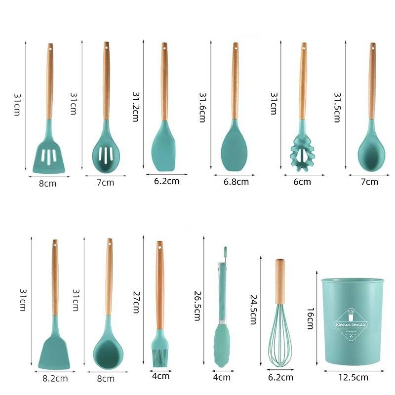 12-Piece Silicone Kitchen Utensil Set with Wooden Handles
