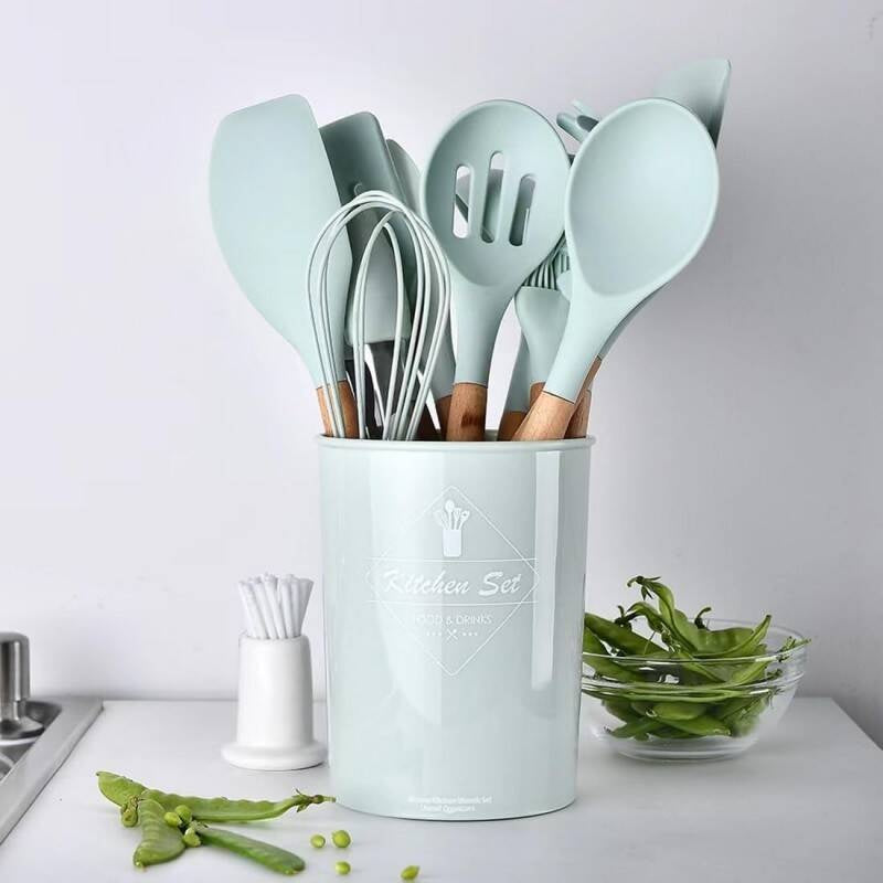 12-Piece Silicone Kitchen Utensil Set with Wooden Handles
