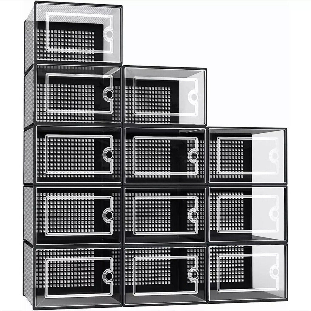12-Pack Stackable Sneaker Storage Boxes – Clear Front Shoe Organizer Display Case (Black/White)