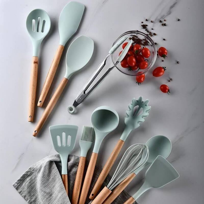 12-Piece Silicone Kitchen Utensil Set with Wooden Handles