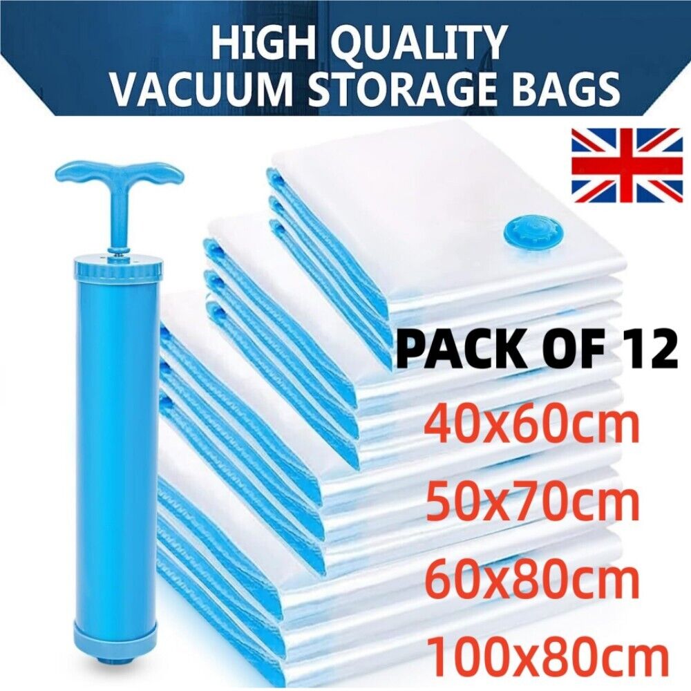 12-Pack Vacuum Storage Bags with Pump – Space Saving Compression Bags for Clothes, Bedding & Travel
