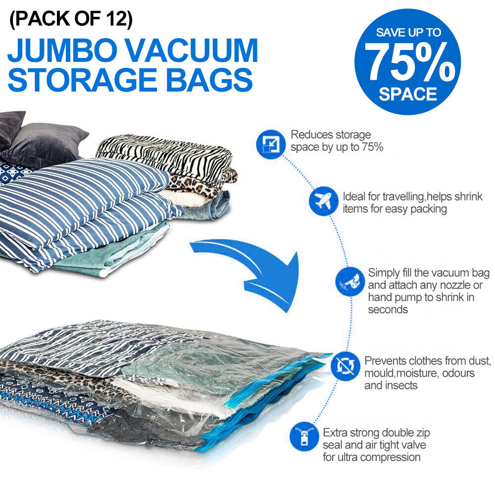 12-Pack Vacuum Storage Bags with Pump – Space Saving Compression Bags for Clothes, Bedding & Travel