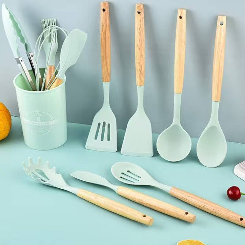 12-Piece Silicone Kitchen Utensil Set with Wooden Handles