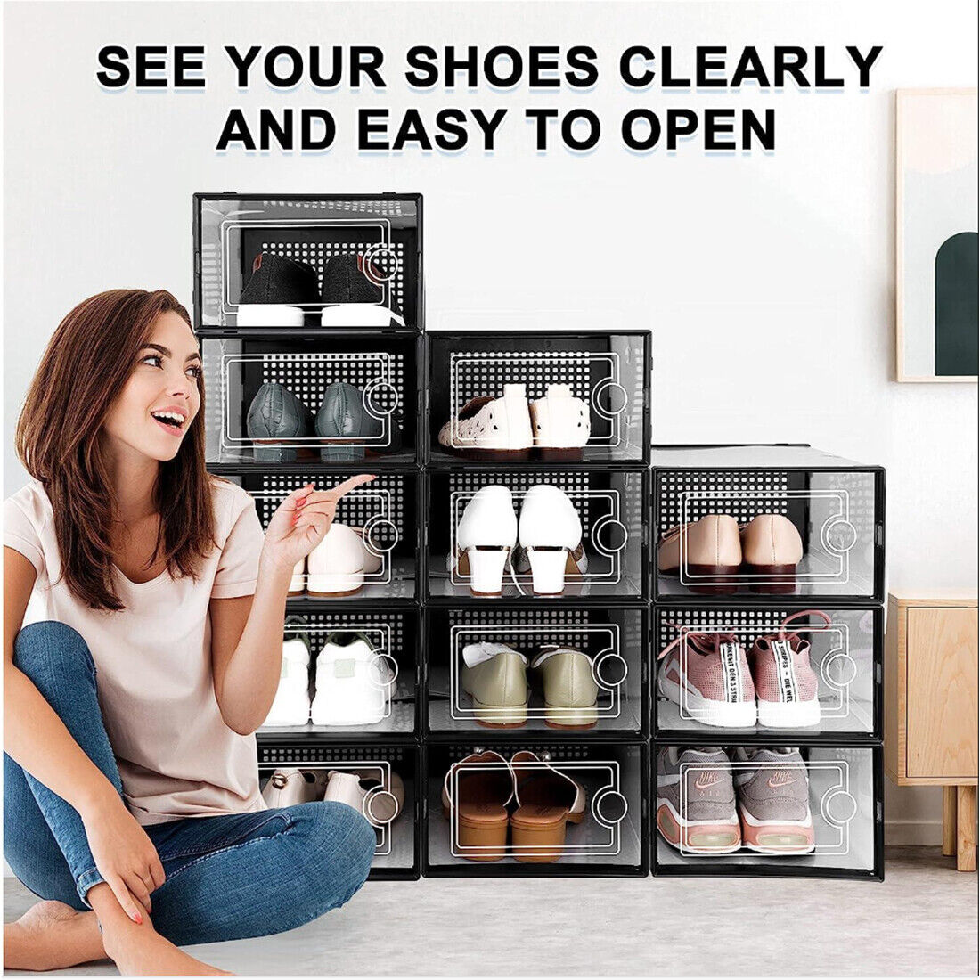 12-Pack Stackable Sneaker Storage Boxes – Clear Front Shoe Organizer Display Case (Black/White)