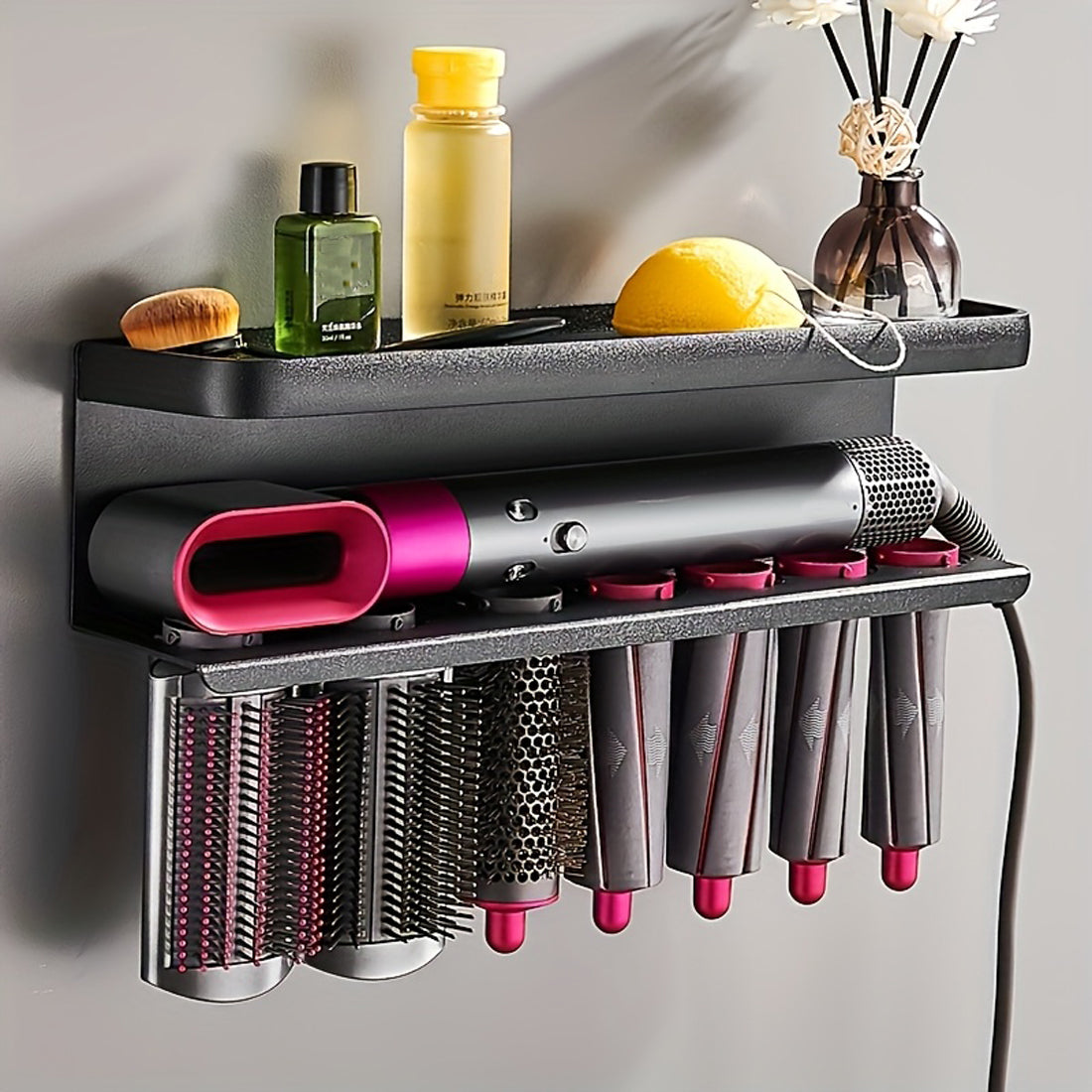 Wall Mounted Hair Tool Holder – Bathroom Organizer for Hair Dryer, Straightener & Curling Iron (No Drill)
