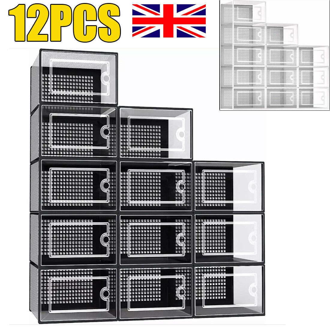 12-Pack Stackable Sneaker Storage Boxes – Clear Front Shoe Organizer Display Case (Black/White)